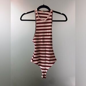 Free people white black and red striped racer back thong body suit